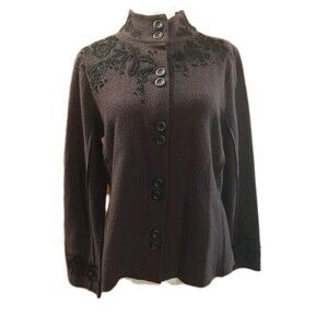 J. Jill Jacket Women's Size Small 100% Wool Brown Felt Embroidered Cottage Core